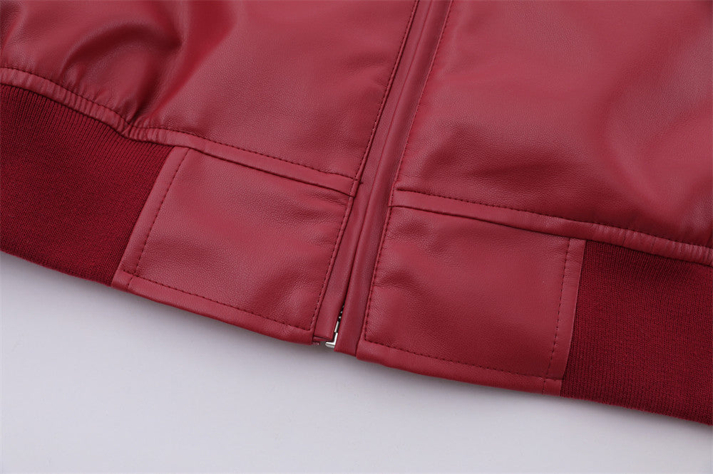Embroidery Color Stitching Stand-collar PU Leather Coat Men
