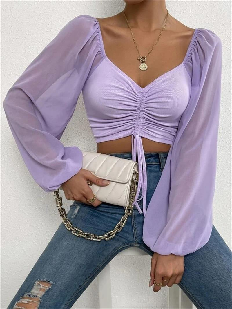 Low-cut Sexy V-neck Stitching Chiffon Long Sleeve Drawstring Lantern Sleeve Slim Fit Slimming Top