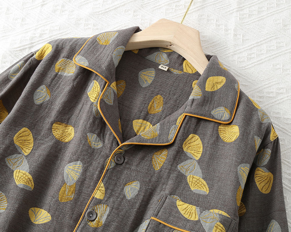 Pure Cotton Double-layer Sheer Men's Long Sleeved Jacquard Pajama Set
