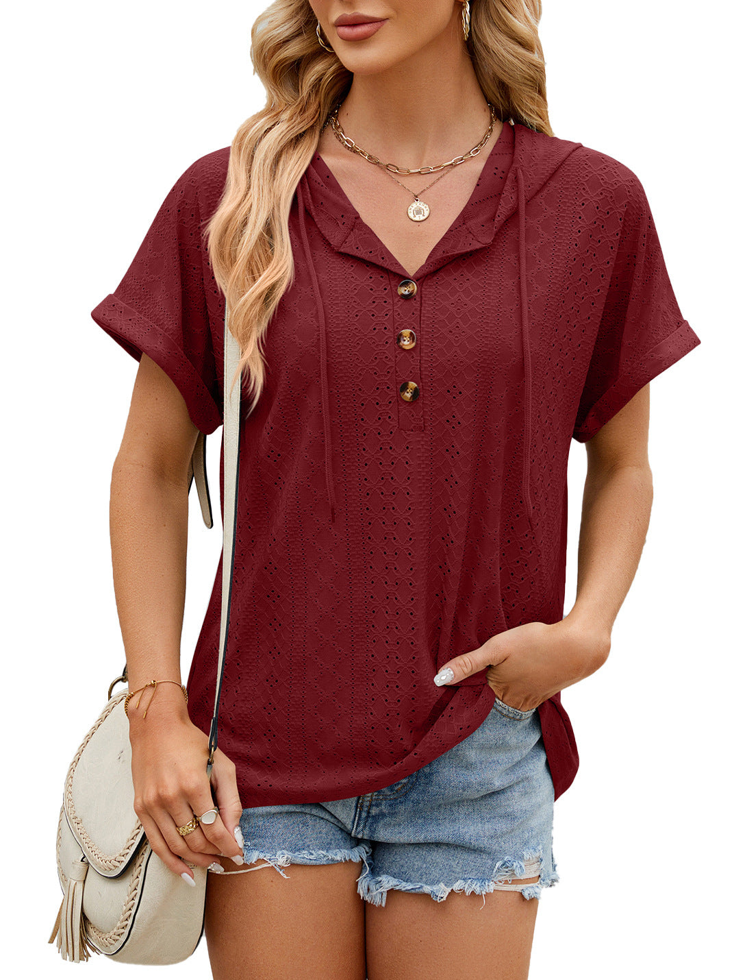 New Solid Color Hooded Button T-shirt Loose Hollow Design Short-sleeved Top For Womens Clothing