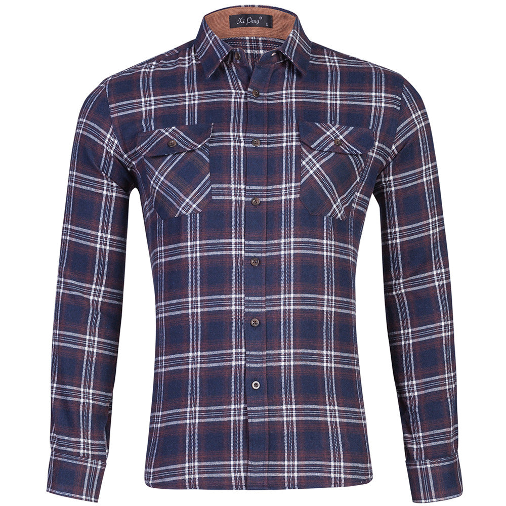 Cotton plaid double bag long sleeve shirt men