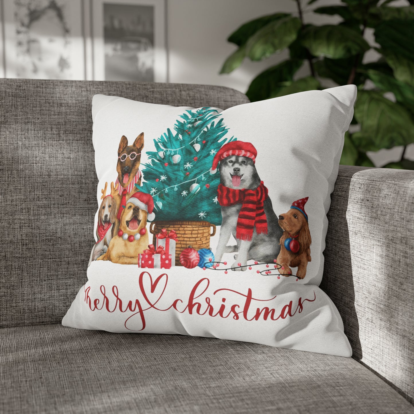 Dog Christmas Spun Polyester Square Pillow Case