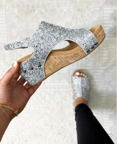 Summer Chunky Wedges Sandals Fashion Sequins Velcro Shoes Women