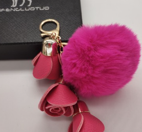 Cute Pompom Ball PU Rose Key Chains Handmade Fur Keyring Bags Decoration Pendant Keychains Jewelry Ornaments Kids Birthday Gifts