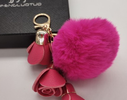 Cute Pompom Ball PU Rose Key Chains Handmade Fur Keyring Bags Decoration Pendant Keychains Jewelry Ornaments Kids Birthday Gifts