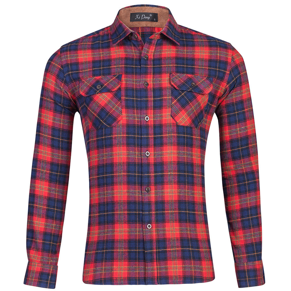 Cotton plaid double bag long sleeve shirt men