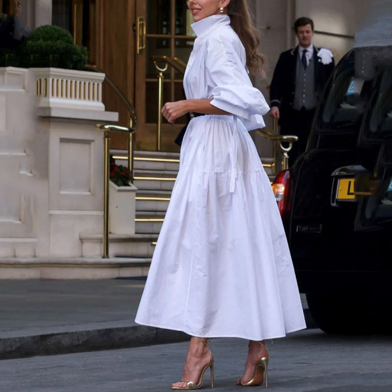 Fashion Pure White Lapel Belt Dress