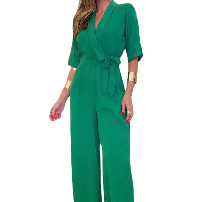 Women's Green Middle Sleeve Lapel Lace-up Jumpsuit