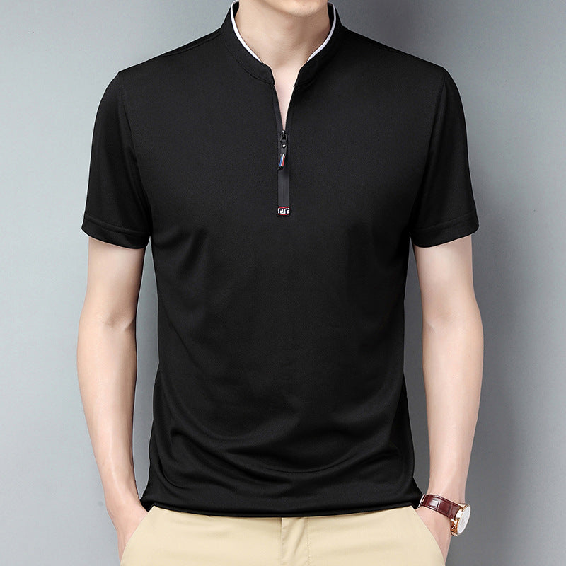 Summer Stand Collar Short Sleeve Men's Half Zipper Solid Color Trendy Casual Men's T-shirt