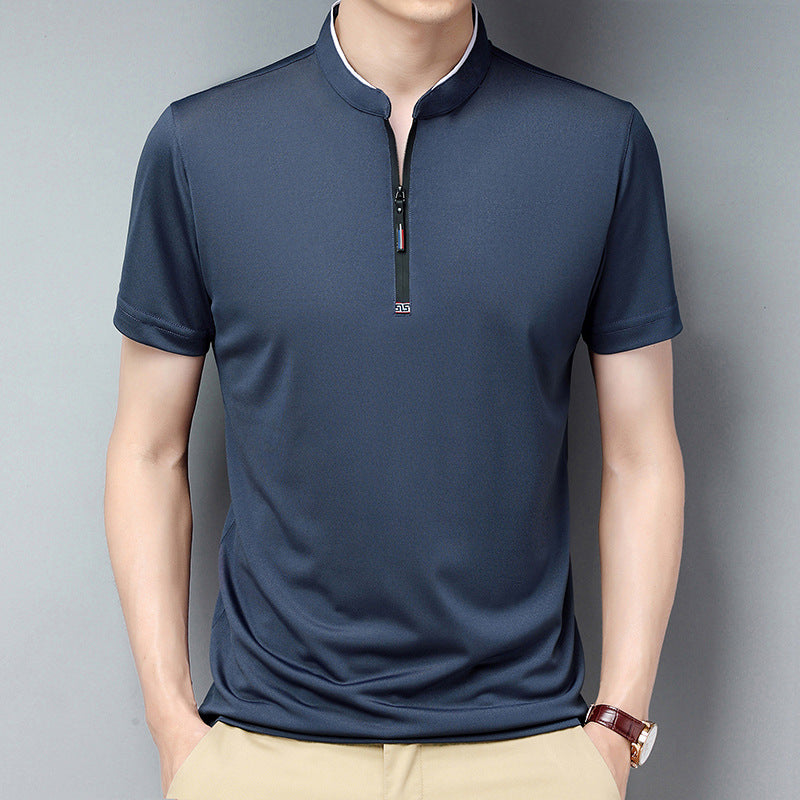 Summer Stand Collar Short Sleeve Men's Half Zipper Solid Color Trendy Casual Men's T-shirt