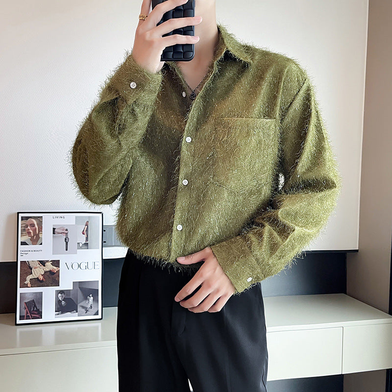 Shiny Solid Color Fine Wool Shirt Men's Long-sleeved Shirt