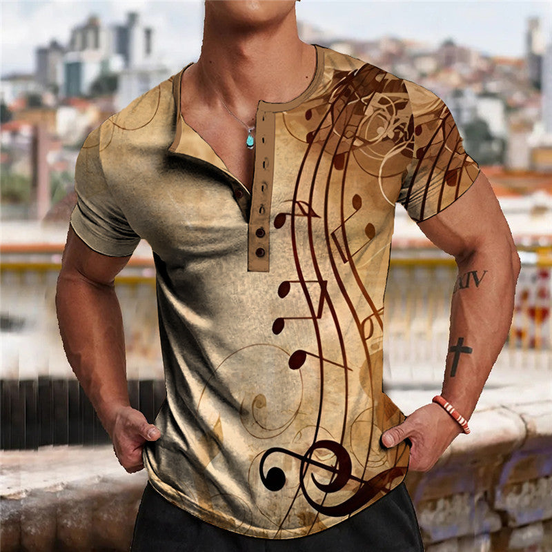 Music Symbol 3D Digital Printed V-neck Short Sleeve Button Placket Street