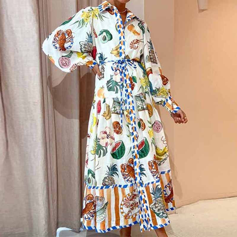 Elegant Lantern Sleeve Printed Long Lapel And Waist Tight Long Sleeve Dress