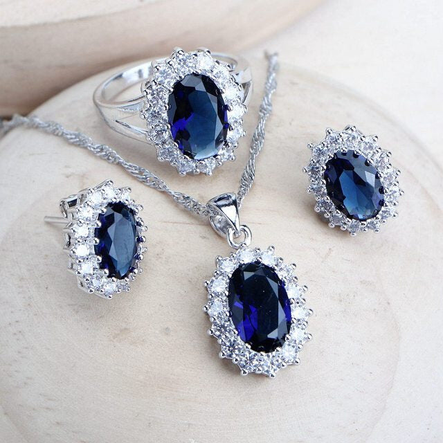 Silver 925 Women Bridal Jewelry Sets Blue Zirconia Costume