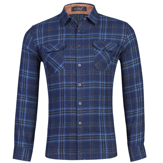 Cotton plaid double bag long sleeve shirt men