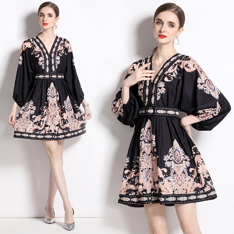 Ethnic Print Elegant Graceful Short V-neck Dress