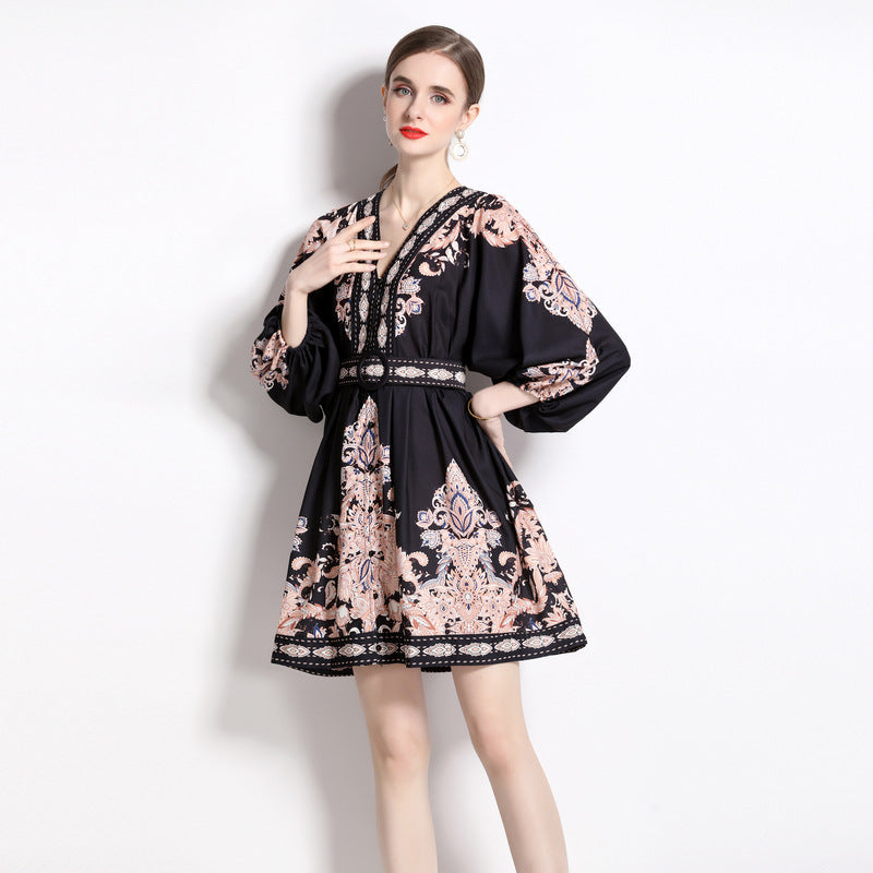 Ethnic Print Elegant Graceful Short V-neck Dress