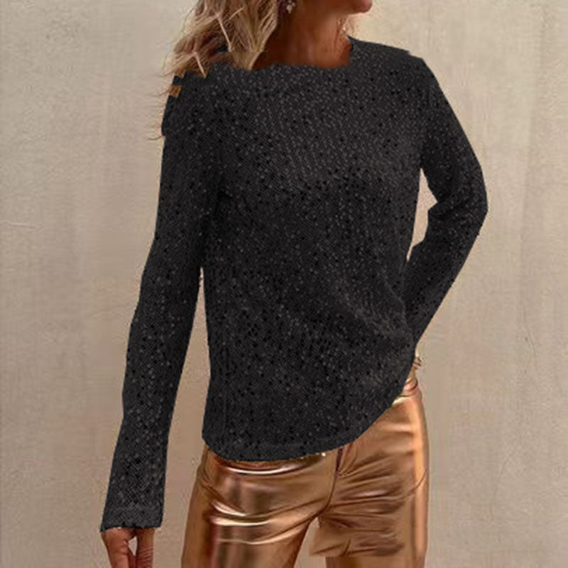Nightclubs Sequined Mesh Long Sleeve Slim Fit Flattering Round-neck Blouse