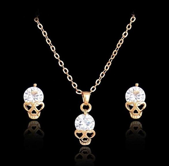 New Fashion Gold color Skull Women Jewelry Sets Crystal Earrings Pendant Necklace Set