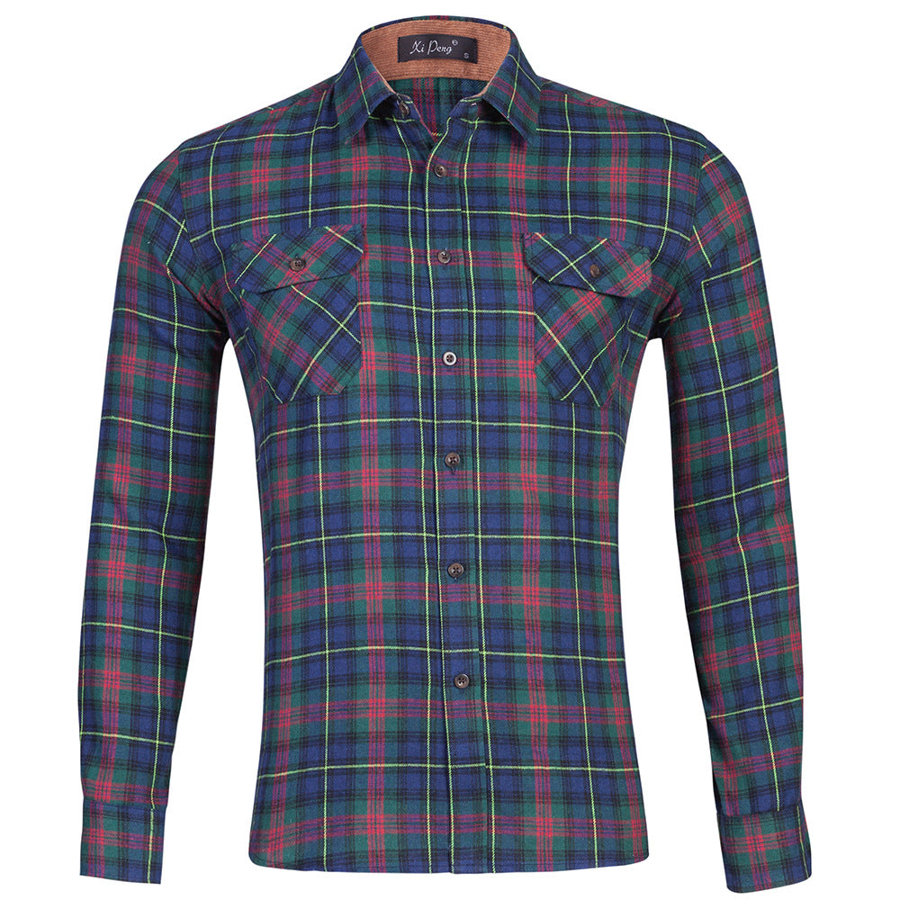 Cotton plaid double bag long sleeve shirt men