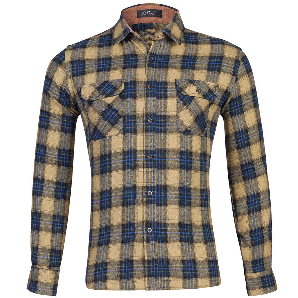 Cotton plaid double bag long sleeve shirt men