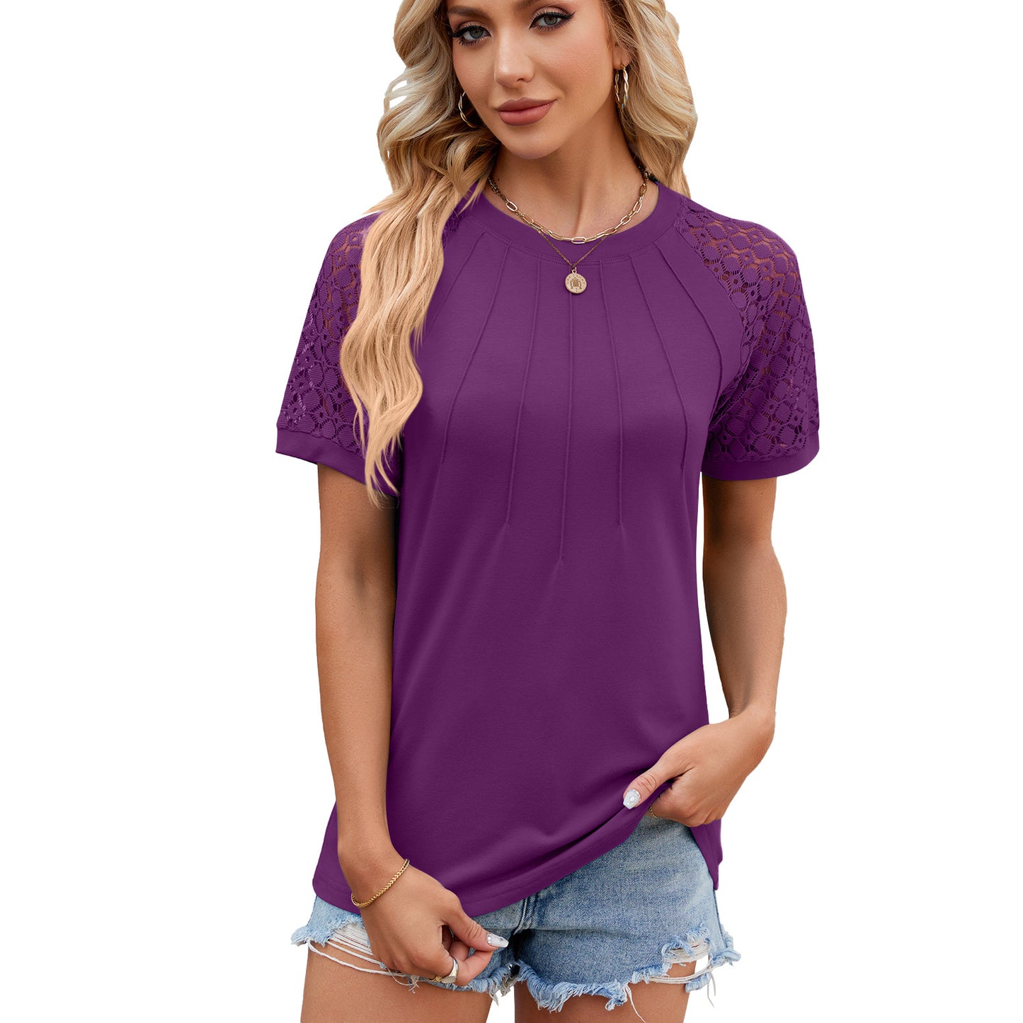 Solid Color Round Neck Top Women's Lace Hollow Design Short Sleeve T-Shirt Summer Womens Clothing