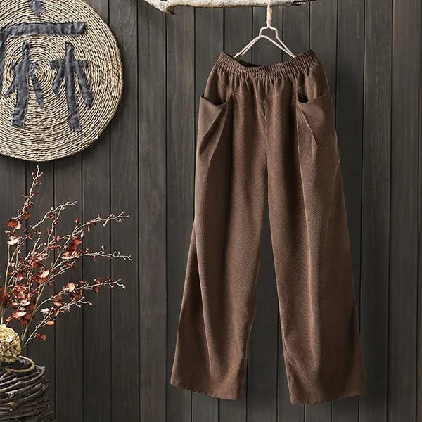 Women's Fashion Corduroy Elastic Waist Solid Color Pocket Casual Pants Harem Loose Trousers