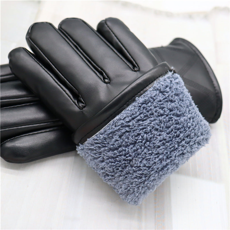 Down Cotton Fleece-lined Warm Leather Gloves Men