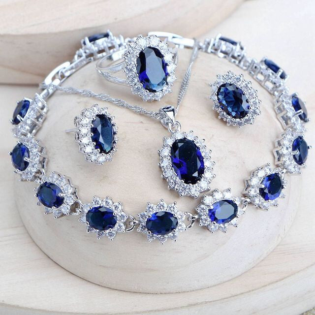Silver 925 Women Bridal Jewelry Sets Blue Zirconia Costume