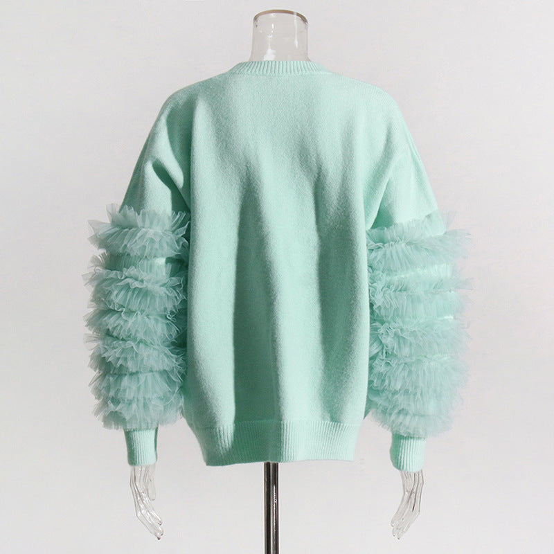 Fashion Stitching Mesh Cuff Crew Neck Casual Style Loose Sweater