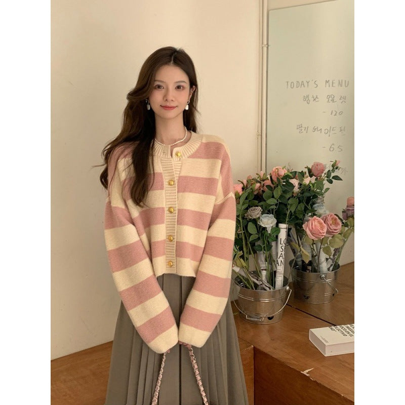 Women's Fashionable Loose Contrast Color Striped Round Neck Cardigan Jacket