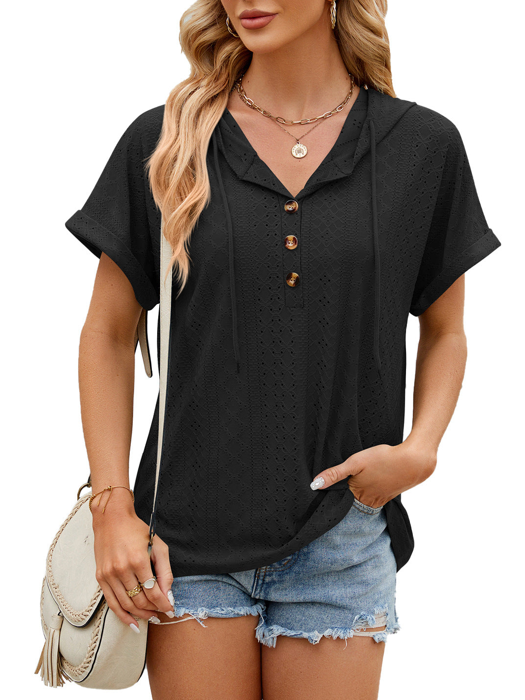 New Solid Color Hooded Button T-shirt Loose Hollow Design Short-sleeved Top For Womens Clothing