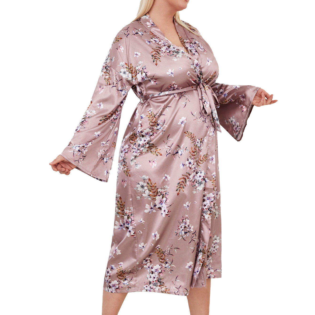 Long Robes For Women Flower Print Bathrobe V-neck Silk Sleepwear