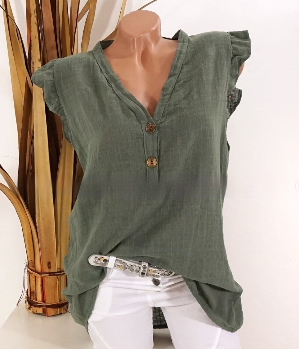 V-neck Plus Size Cotton And Linen Women's Loose sleeve