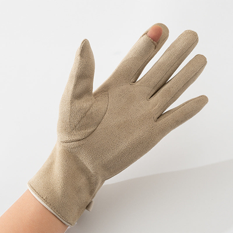 Suede Gloves For Women Fleece-lined Warm