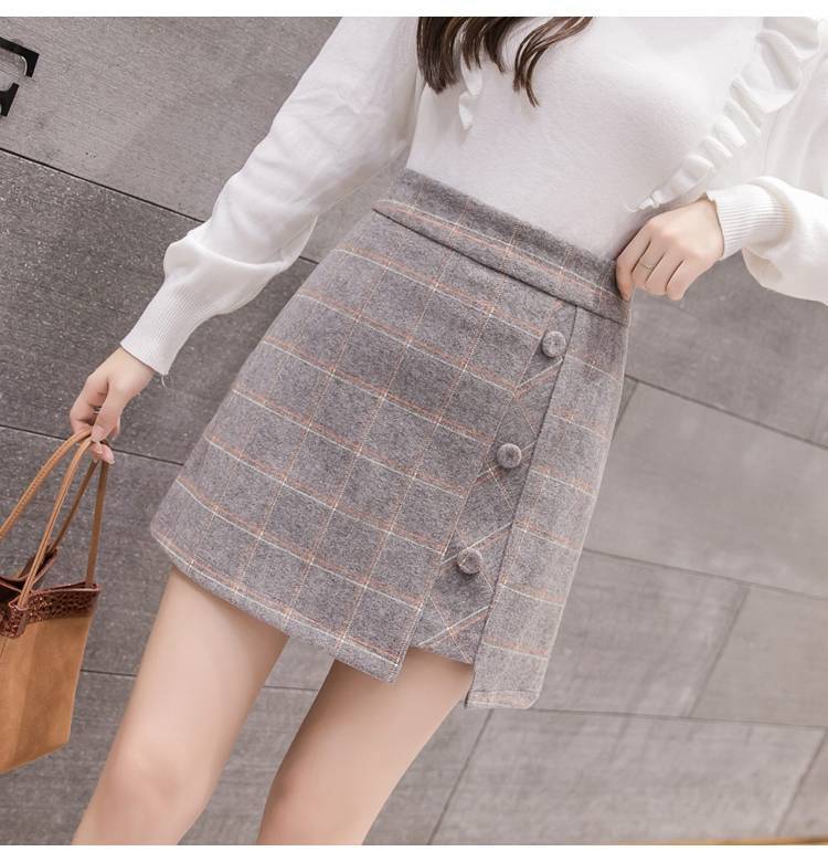 Plaid Skirt Women Irregular Woolen  Short Skirt