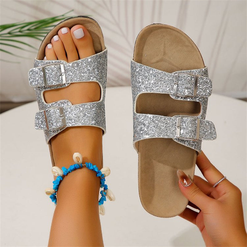 Double Buckle Sandals For Women New Fashion Sequined Beach Shoes Summer Leisure Outdoor Slippers Slides