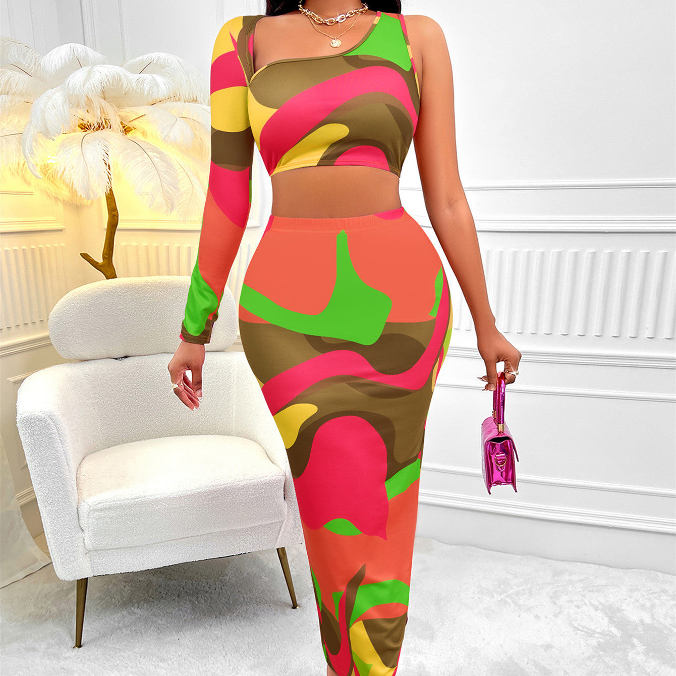 Women's Clothing Print Asymmetric One-shoulder Skirt Suit