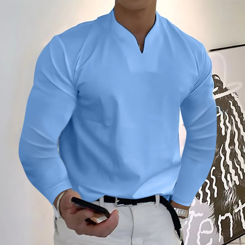 Male Fashion Casual Solid Color V-neck Long Sleeve Shirts