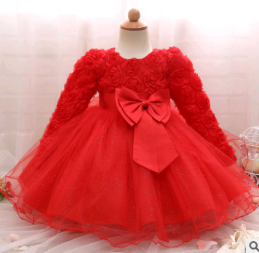 Long-sleeved girls dress rose children's wedding dress skirt
