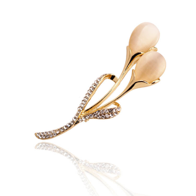Fashion Opal Stone Tulip Brooch Pin Elegant Jewelry Flower Brooches Rhinestone