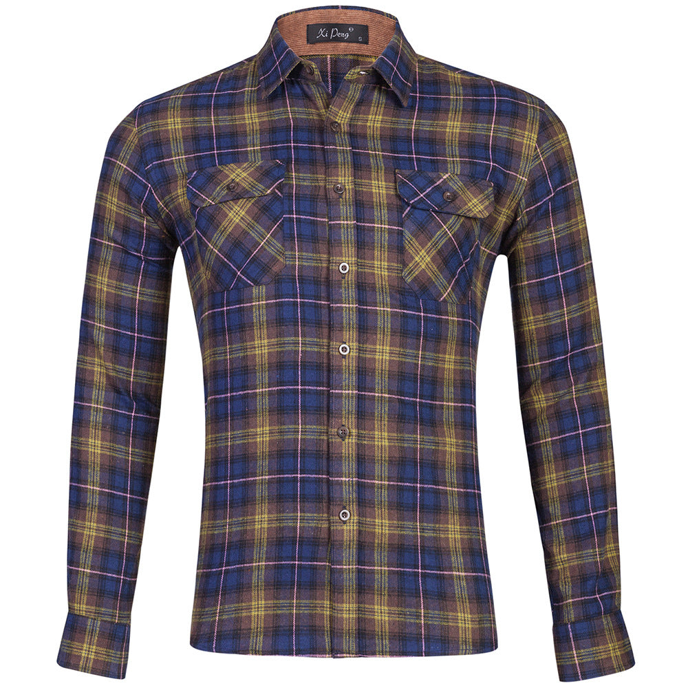 Cotton plaid double bag long sleeve shirt men