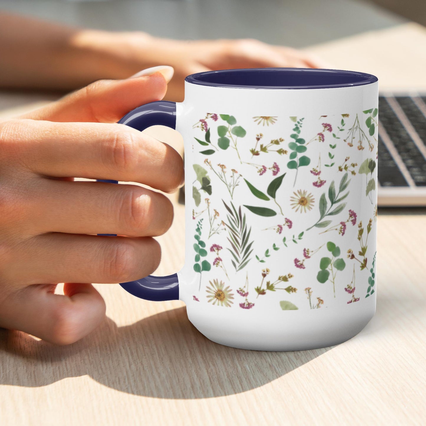 Flower and Leaf Pattern Accent Mugs