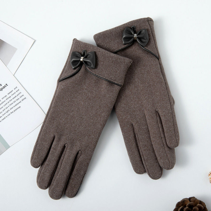 Fleece-lined De Suede Bow Gloves Touch Screen Warm Outdoor All-matching