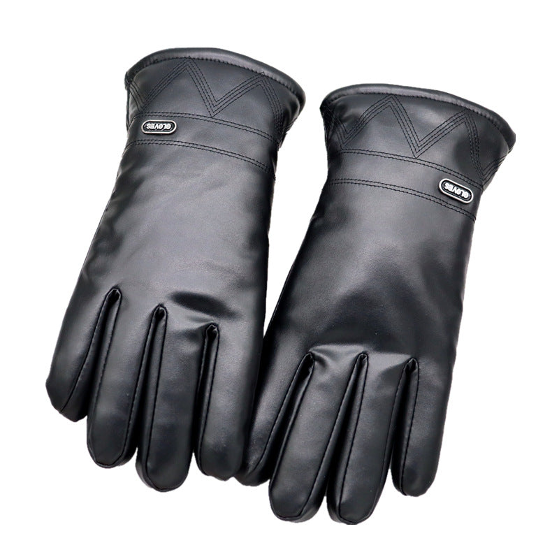 Down Cotton Fleece-lined Warm Leather Gloves Men