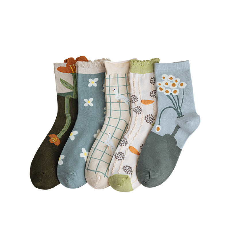 Women's Vintage Small Flower Mid-calf Ins Pure Cotton Breathable Socks