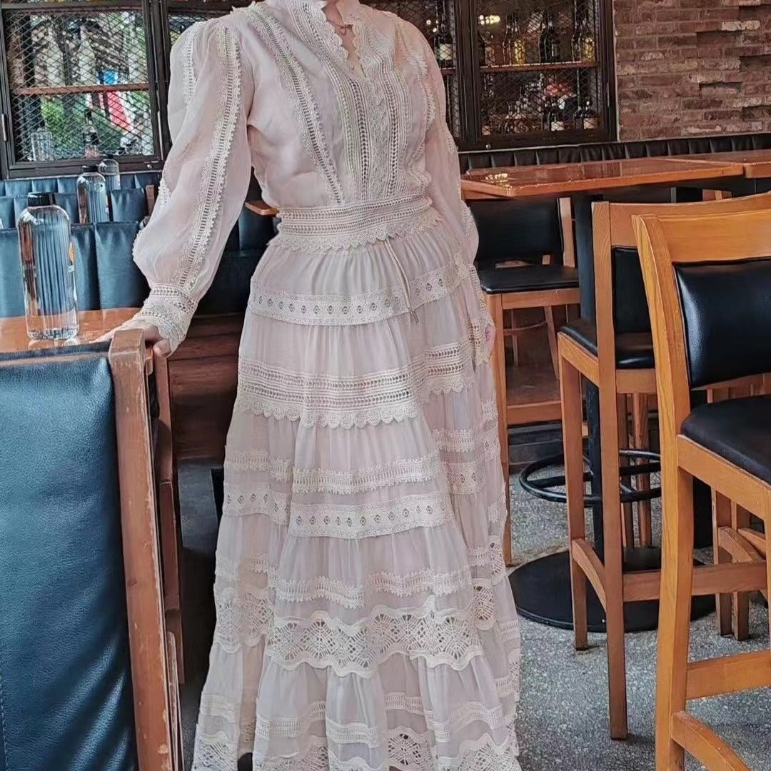 Australia Foreign Trade Fall New Suit Lace Patchwork Top Lace Waist-slimming Long Dress Suit For Women