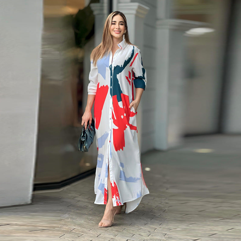 Women's Fashion Printed Long Sleeve Side Split Dress