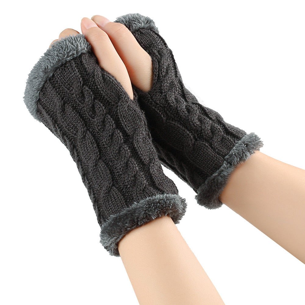 Fleece-lined Fluffy Gloves Twist Knitted Finger Leakage