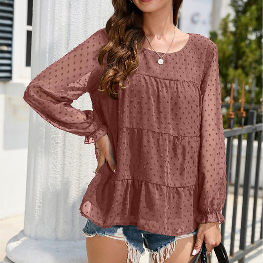 Loose Chiffon Shirt Round Neck Ruffle Top